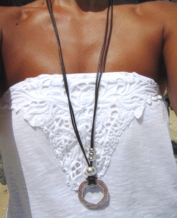 Eternity collar Silver Pendant Beaded Ring Necklace • Long Layered Chunky Necklace Gift for her