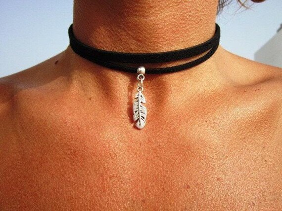 Bohemian Leather Choker Necklace beaded with feather charm • Handmade Jewelry  Best selling items