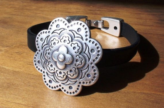 silver flower with beads friendship bracelet, floral leather bracelet, silver fashion jewelry