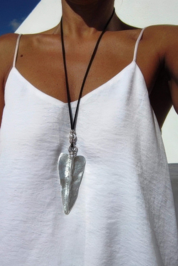 Statement Silver Chunky Pendant leather arrowhead Necklace • Bohemian Jewelry Best Selling Items • Gift for Her • Neotribal Jewelry