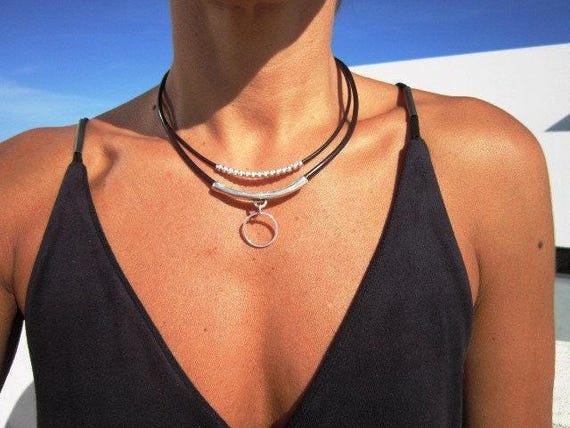 Beaded and layered Silver and leather Charm ring holder Necklace • Personalized Handmade Jewelry Necklaces for Women • Best selling items