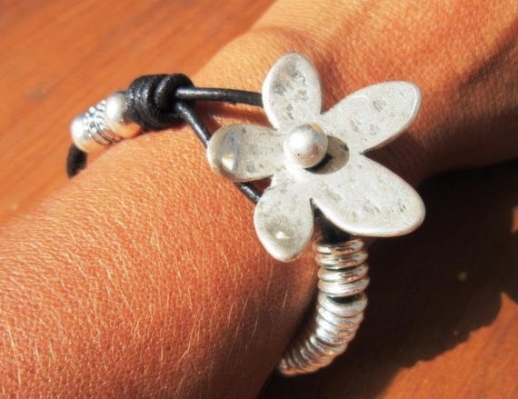 Leather & Silver Charm Beaded Bracelet • Handmade Jewelry Gift for Her • Custom Bracelet Gift • Personalized Jewelry Gifts by Kekugi