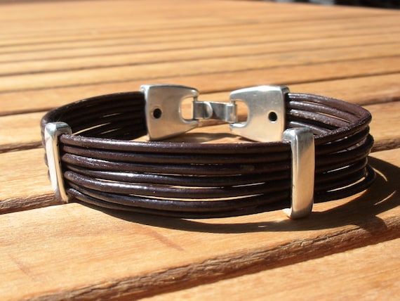 Silver and Leather mens bracelet, friendship couples bracelet, men cuff bracelet, handmade silver mens jewelry, unique gifts for men