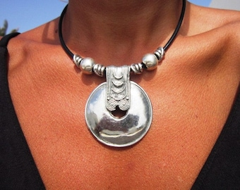 womens statement silver pendant necklace, boho bohemian jewelry, personalized handmade etsy jewelry shop
