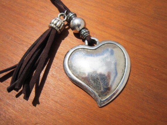 Boho Leather and Silver Beaded Pendant Heart Necklace • Couples Long Statement Chunky Charm Necklace Host Gift for Her • Bohemian Jewelry