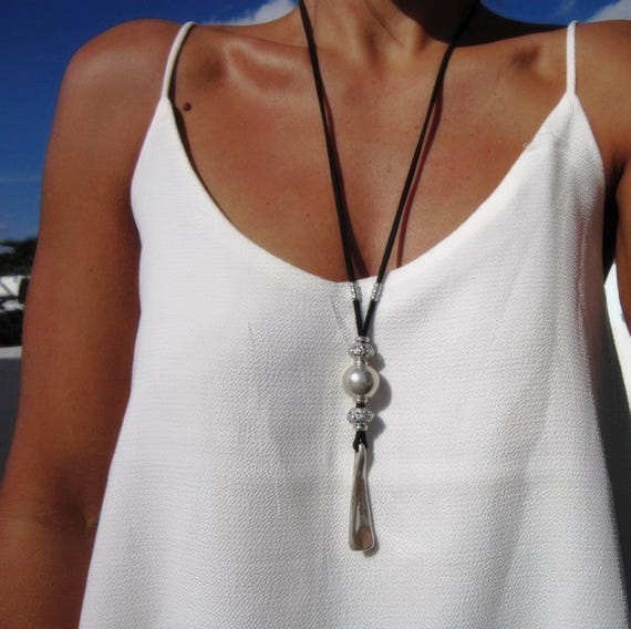 boho chic long silver pendant necklace, bohemian handmade jewelry by kekugi
