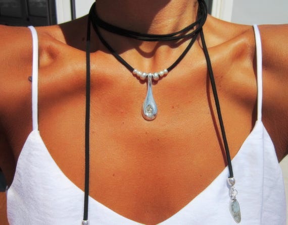 Leather and Silver Beaded Pendant crystal Necklace • Long Statement Chunky Charm Necklace • Bohemian Jewelry