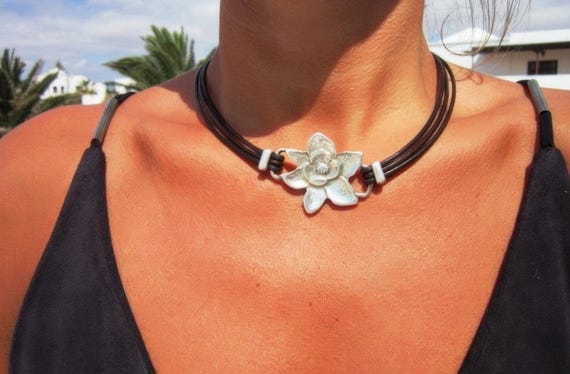Statement Pendant Charm Orchid Necklace • Leather Silver Beaded Necklaces for Women • Handmade Personalized Jewelry Best selling items Gifts