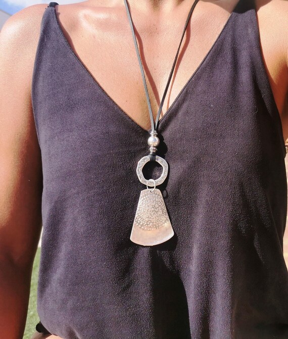 Statement Silver Chunky Pendant leather neotribal Necklace • Bohemian Jewelry Best Selling Items • Gift for Her • Neotribal Jewelry
