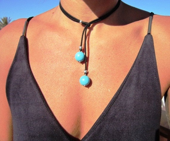 turquoise leather necklace, lariat necklace, y shapped necklace, turquoise jewelry, y silver necklace, bohemian jewelry, silver necklace
