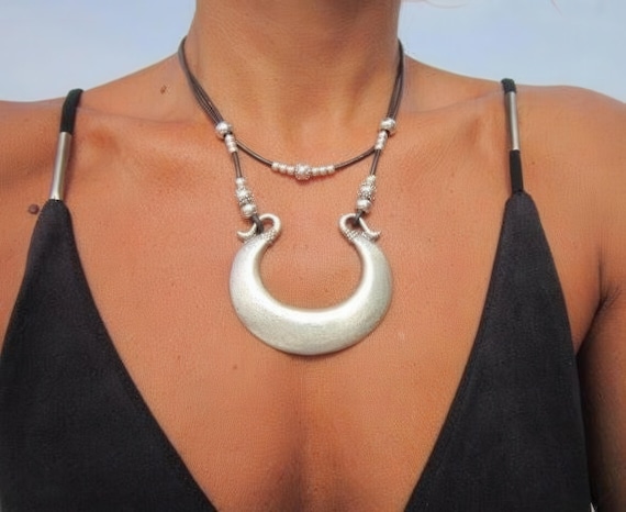 Custom Statement Silver crescent moon Necklace • Beaded Couples Necklace Pendant Charm • Custom Personalized Jewelry • Best Selling Items
