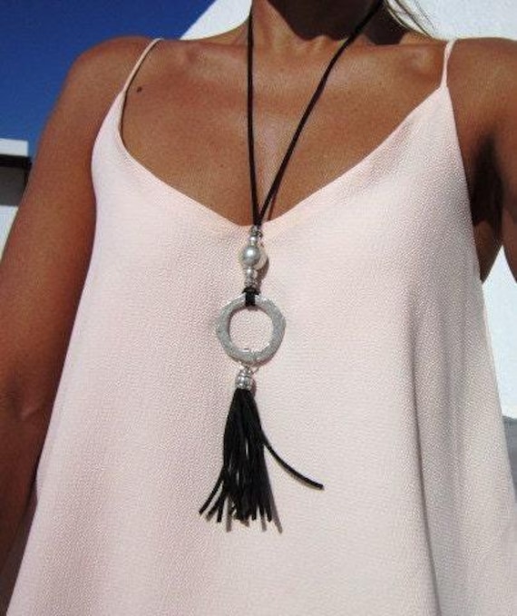 Boho Leather and Silver Beaded Pendant Necklace • Long Statement Chunky Charm Necklace Gift for Her • Bohemian Jewelry by Kekugi