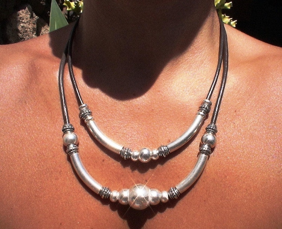 Layered Silver Beaded Necklace with charm • Couples Necklace with Charm • Handmade Personalized Bohemian Jewelry Gift for Her by Kekugi