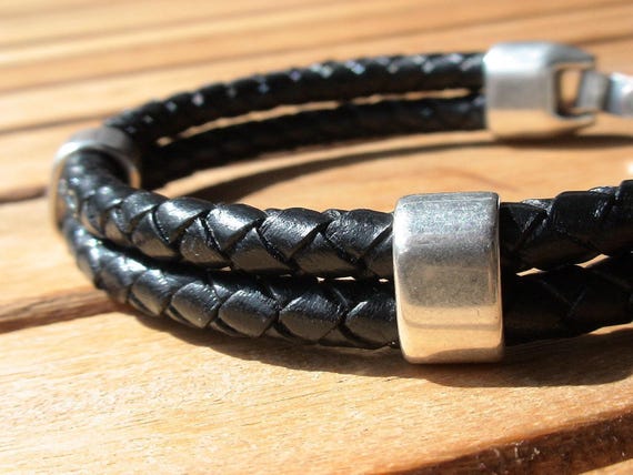 Personalized Leather & Silver Beaded Bracelet Gifts for Men • Handmade Mens Jewelry • Birthday Gift or Custom Jewelry Gift for Him by Kekugi