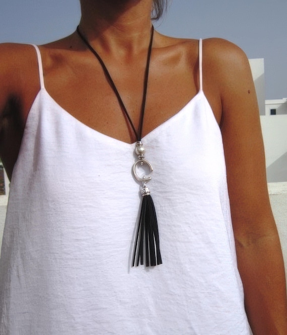 Boho tassel Leather Beaded Silver Pendant Necklaces • Long Statement Chunky Charm Necklace Bohemian Jewelry