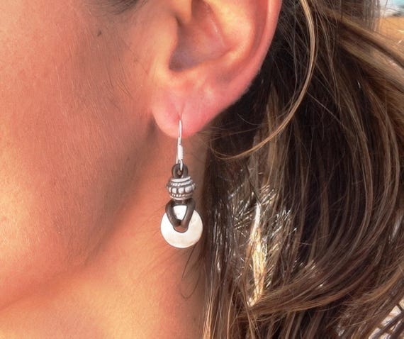 Statement drop beaded silver earrings • personalized jewelry gift for her • Drop beaded boho earrings dangle • Handmade jewelry by kekugi