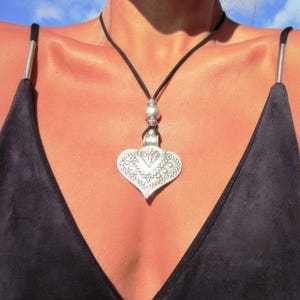 Custom Statement Silver Beaded Necklace with Heart Pendant Charm Couples necklace • Best selling items Personalized Jewelry • Gift for Her