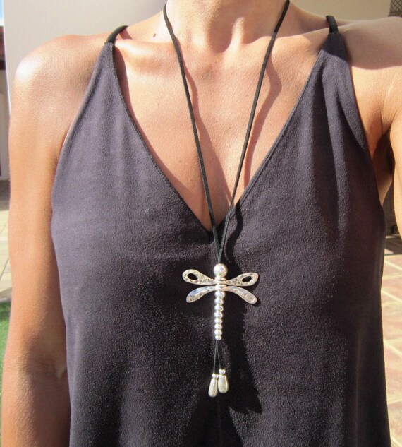 Statement Pendant Charm Dragonfly Necklace • Silver Beaded Necklaces for Women • Handmade PersonalizedJewelry Best selling items Gifts