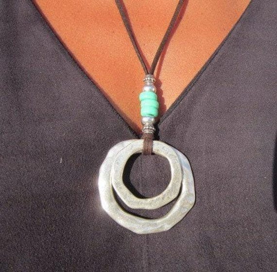 Statement Silver Chunky Pendant leather Ring Necklace • Bohemian Neotribal Jewelry • Custom necklace top sellers • Host Gift for Her