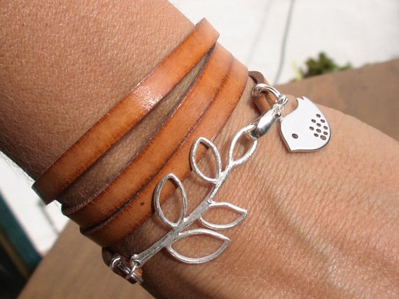bird bracelet, leaf bracelet, wrap bracelet, nature inspired, womens bracelets, distinctive bracelet, leather bracelet, charm Bracelet