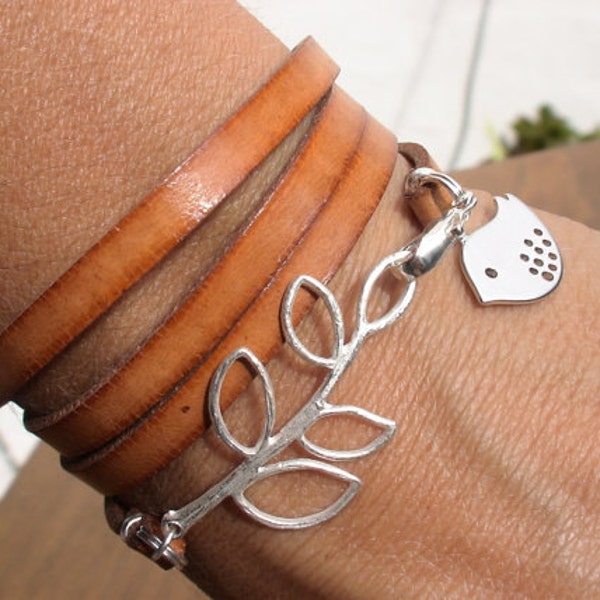 bird bracelet, leaf bracelet, wrap bracelet, nature inspired, womens bracelets, distinctive bracelet, leather bracelet, charm Bracelet