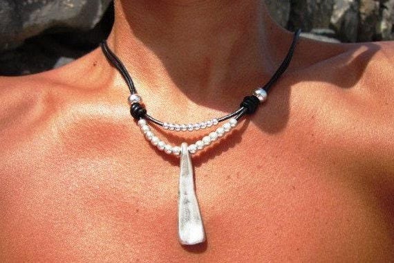 Layered Statement Silver Beaded Necklace with charm • Couples Necklace with Charm • Handmade Personalized Jewelry Gift for Her by Kekugi