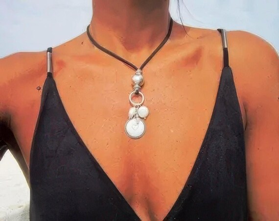 Boho Leather and Silver Beaded Pendant Necklace • Long Statement Chunky Charm Necklace Gift for Her • Bohemian Jewelry by Kekugi