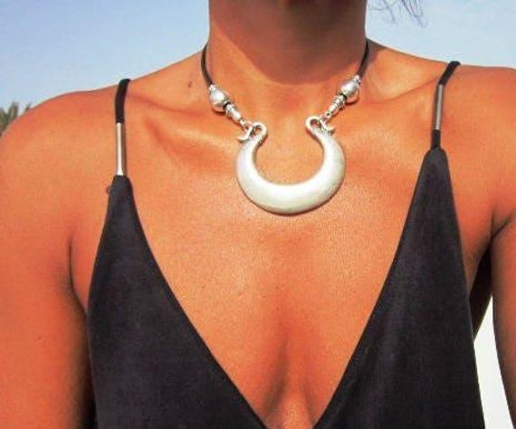 Chunky Silver Beaded Necklace with crescent moon Charm • Bohemian Handmade jewelry • Necklaces for Women • Personalized Jewelry Gift for Her