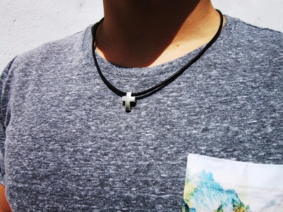 Mens cross Necklace Leather Pendant Couples Necklace – Handmade Jewelry Gift