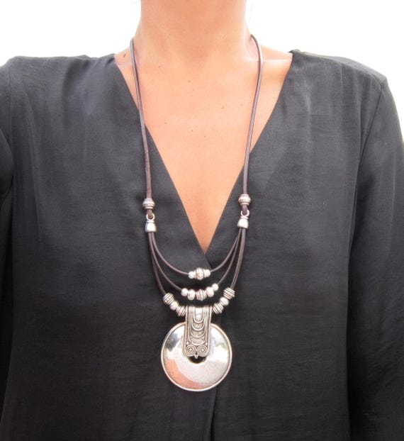 layered Leather and Silver Beaded Pendant Necklace • Long Statement Chunky Charm Necklace Bohemian Jewelry