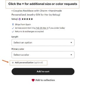 The image is a screenshot of a website's checkout page, displaying a form for adding personalization to a necklace. The form includes fields for selecting the necklace's length, primary color, and additional customization options.