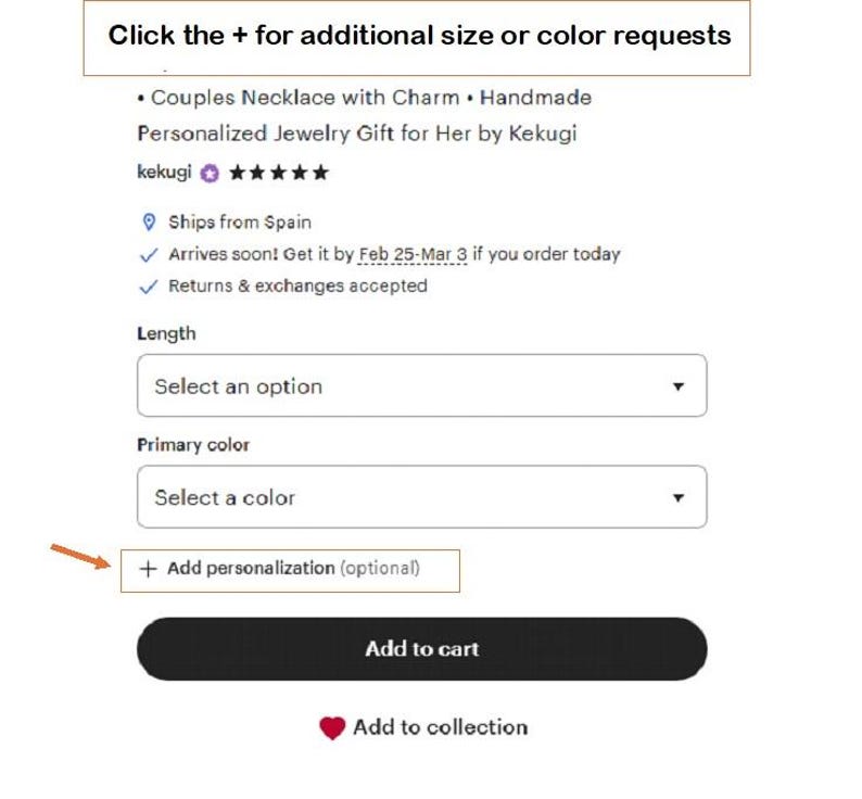 The image is a screenshot of a website's checkout page, displaying a form for adding personalization to a necklace. The form includes fields for selecting the necklace's length, primary color, and additional customization options.
