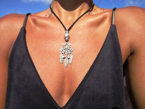 dream catcher necklace, long leather necklace, dreamcatcher necklaces, bohemian jewelry, Indian jewelry, native american jewelry
