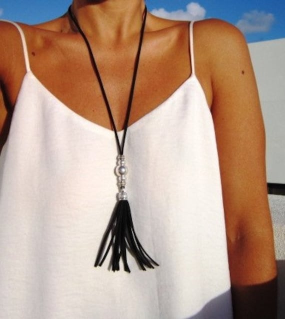 leather tassel necklace, beaded tassel necklace, long tassel necklace, silver tassel necklace, boho jewelry tassel necklace