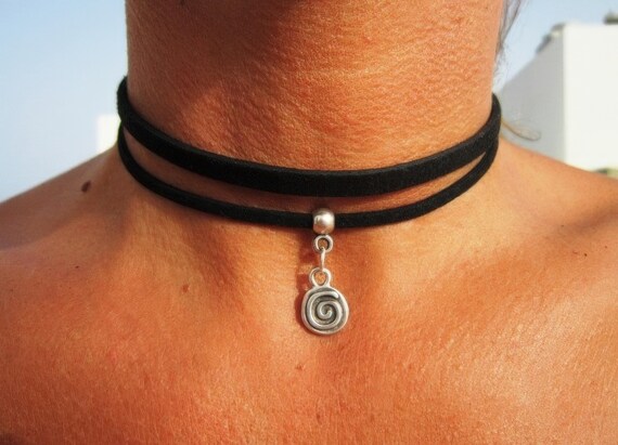 Bohemian Leather Choker Necklace silver beaded with spiral charm • Handmade personalized jewelry for her