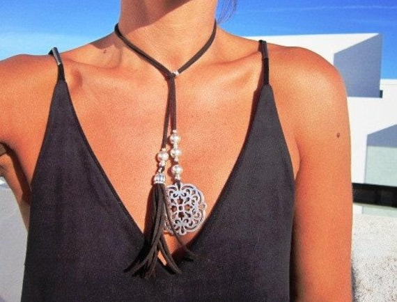 mandala necklace, leather necklaces for women, mandala pendant necklace, boho necklace, leather cord necklace, long necklace boho