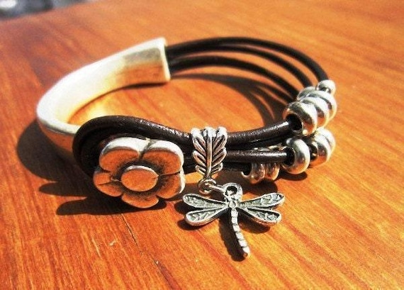 Women's leather bracelet,Women's half Bracelet,dragonfly flower brown bracelet, beaded Bracelet, custom handmade jewelry for Her