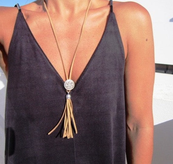 long leather necklace, tassel necklaces, bohemian jewelry, boho necklace, silver jewelry, fashion jewelry