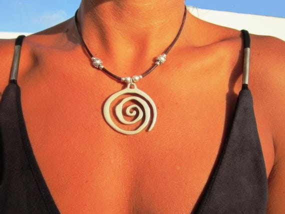 spiral statement boho chic silver pendant necklace, boho chic jewelry, bohemian jewelry, leather handmade jewelry designs by kekugi