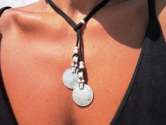 Statement Charm Y Lariat coin Necklace • Silver Beaded Necklaces for Women • Personalized Jewelry Gifts Best selling items • Gift for Her