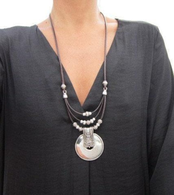 layered Leather and Silver Beaded Pendant Necklace • Long Statement Chunky Charm Necklace Gift for Her • Bohemian Jewelry host gift kekugi