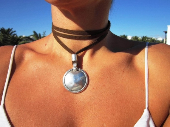 Layered Statement Silver Beaded Necklace with Boho coin pendant • Handmade Personalized Jewelry