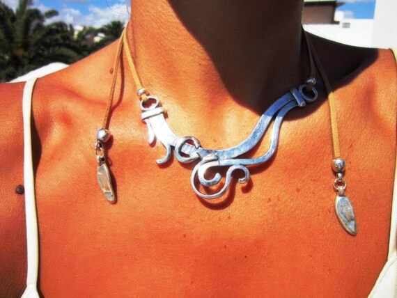 Statement Silver Chunky Pendant leather Necklace • Bohemian Neotribal Jewelry • Custom necklace Best Selling Items • Host Gift for Her