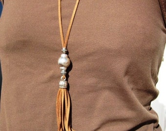 Long Tassel Necklace Silver Tone Lovely Knot Tassel Pendant Knot