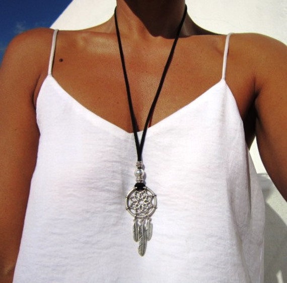 dream catcher necklace, long leather necklace, dreamcatcher necklaces, bohemian jewelry, Indian jewelry, native american jewelry