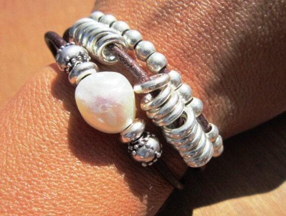 Leather & Silver Charm Beaded Bracelet • Handmade Jewelry Gift for Her • Custom Bracelet Gift • Personalized Jewelry Gifts by Kekugi