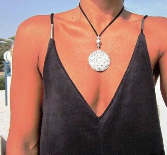 Statement Silver Chunky Pendant leather Necklace • Bohemian Jewelry Best Selling Items • Gift for Her • Neotribal Jewelry Boho Necklace
