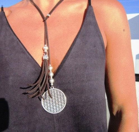 flower life necklace, leather necklaces for women, flower life pendant necklace, boho necklace, leather cord necklace, long necklace boho