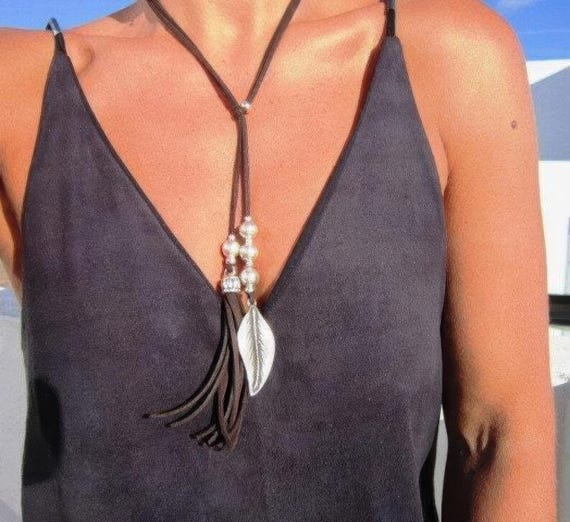 Boho feather necklace • Statement Charm Y Lariat Necklace • Silver Beaded Necklaces for Women • Personalized Bohemian Jewelry Gifts