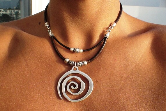 Layered Silver Beaded Necklace with Spiral Charm • Couples Necklace with Charm • Handmade Personalized Bohemian Jewelry Gift for Her